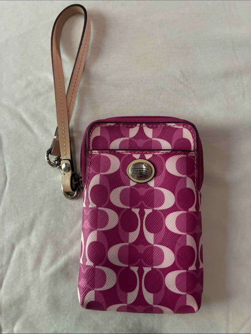 Coach Pink Signature C Wristlet Phone Case with Tan Strap